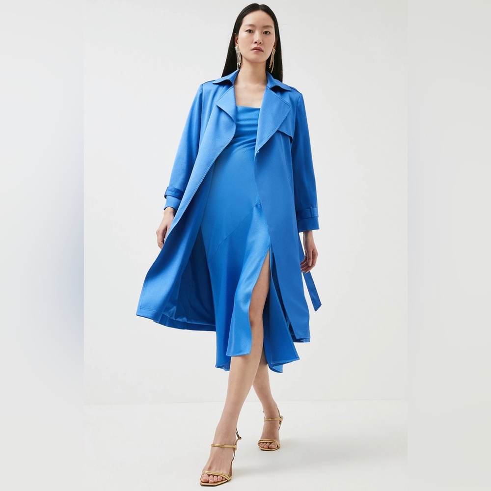Karen Millen Hammered Satin Woven Trench Coat (Blue)
